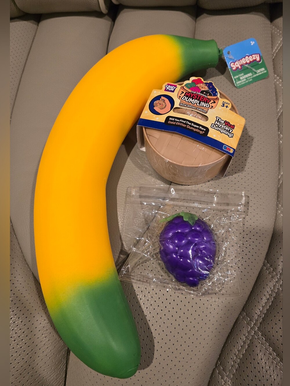 Bundle Of Gold Glitter Dumpling, Banana And Grape Squishy